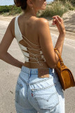 White One Shoulder Collar Sleeveless Patchwork Solid backless Bandage HOLLOWED OUT Tops