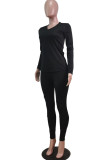 Black Fashion Sportswear Adult Polyester Solid Split Joint V Neck Long Sleeve Regular Sleeve Regular Two Pieces