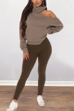 Khaki Fashion Casual Adult Polyester Solid Pullovers Bateau Neck Outerwear