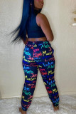 Blue Fashion Casual Print Basic Regular Mid Waist Trousers