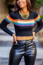 Black Cotton O Neck Long Sleeve Patchwork crop top Long Sleeve Tops