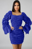 Navy Blue Sexy Bubble sleeves Long Sleeves V Neck Asymmetrical Knee-Length asymmetrical Solid Patchw