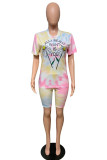 Pink Polyester Casual Letter Print Tie Dye Straight Short Sleeve Two Pieces