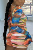 Blue Street Print Frenulum Backless Flounce Fold V Neck A Line Dresses