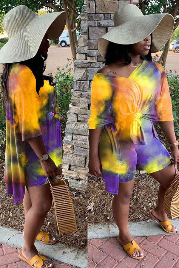 Yellow Fashion Casual Print Tie Dye Two Piece Suits pencil Half Sleeve Two Pieces