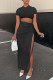 Black Fashion Casual Solid Slit O Neck Short Sleeve Two Pieces