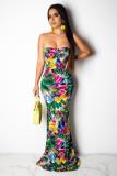 Green Fashion Sexy Off The Shoulder Sleeveless Wrapped chest Slim Dress Floor-Length Print Argyl