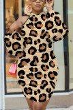 Brown Sexy Leopard Cold Shoulder Pencil Skirt Dresses