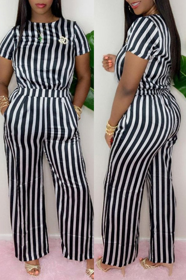 Black Fashion Casual Striped Print Basic O Neck Short Sleeve Two Pieces