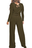 Black Fashion Sexy Adult Polyester Solid Draw String O Neck Loose Jumpsuits
