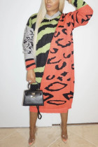 Lime green Fashion Casual Polyester Spandex Air Layer Fabric Patchwork Animal Print Print Leopard Split Joint Basic O Neck Long Sleeve Mid Calf Straight Dresses
