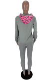 Grey Work Daily Letter Print Hooded Collar Long Sleeve Two Pieces