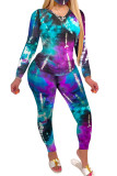 purple Fashion Sexy Adult Polyester Print Split Joint Tie-dye O Neck Long Sleeve Regular Sleeve Regular Two Pieces