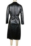 Red Fashion Street Adult Faux Leather Solid With Belt Turndown Collar Outerwear