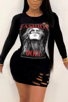 Black Sexy Casual Street Cotton Cotton Blends Figure Letter Print Ripped Letter O Neck Long Sleeve Mini Pencil Skirt Dresses