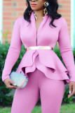 Pink Sexy Adult Polyester Solid Turn-back Collar Long Sleeve Regular Sleeve Regular Two Pieces