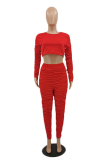 Red Casual Solid Fold O Neck Long Sleeve Two Pieces