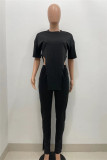 Red Fashion Casual Solid Slit Asymmetrical O Neck Short Sleeve Two Pieces