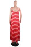 Red Sexy Fashion Spaghetti Strap Sleeveless Slip Step Skirt Ankle-Length Striped Solid Casual