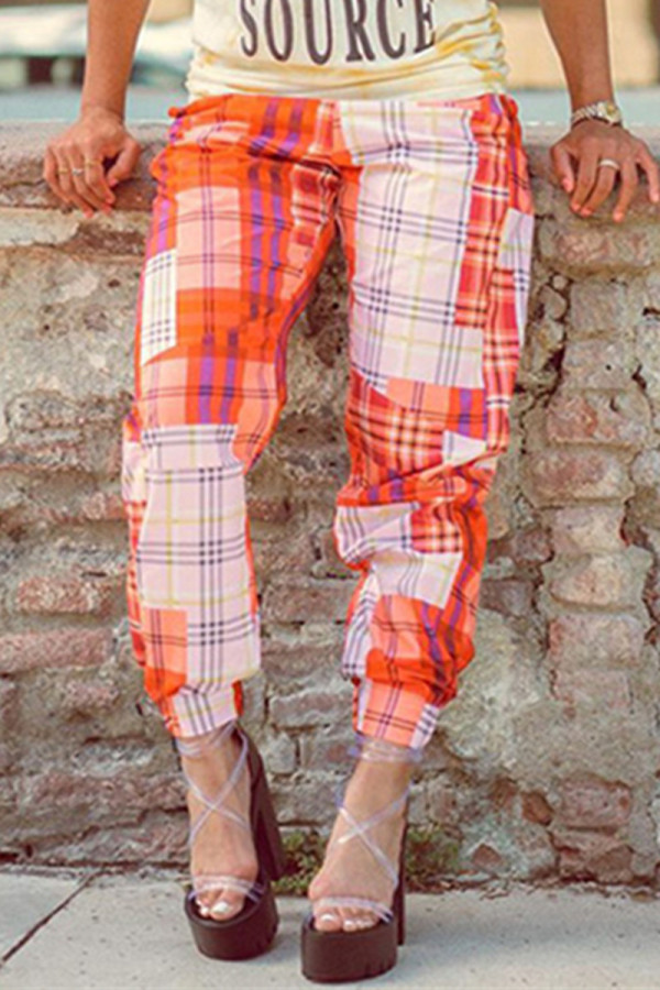 Orange Fashion Casual Plaid Print Basic Regular Mid Waist Trousers