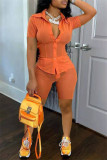 Orange Fashion Sexy Solid See-through Turndown Collar Short Sleeve Two Pieces