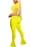 Yellow Polyester Fashion Sexy adult Ma'am Patchwork Solid Two Piece Suits Straight Short Sleeve Two Pieces