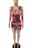 Rose Red Fashion Sexy Print Backless Strap Design Swimwears