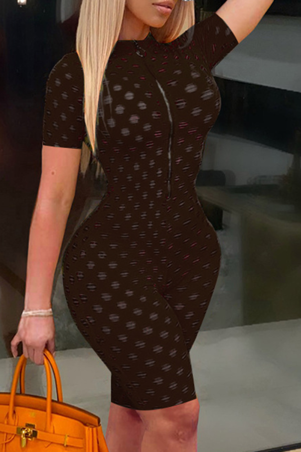 Coffee Sexy Solid Hollowed Out Zipper Collar Skinny Rompers