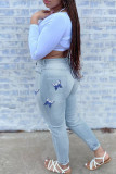 Medium Blue Fashion Casual Butterfly Print Ripped Regular Jeans