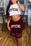 Burgundy Fashion Casual Letter Print Basic O Neck Short Sleeve Two Pieces