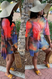 Red Fashion Casual Print Tie Dye Two Piece Suits pencil Half Sleeve Two Pieces