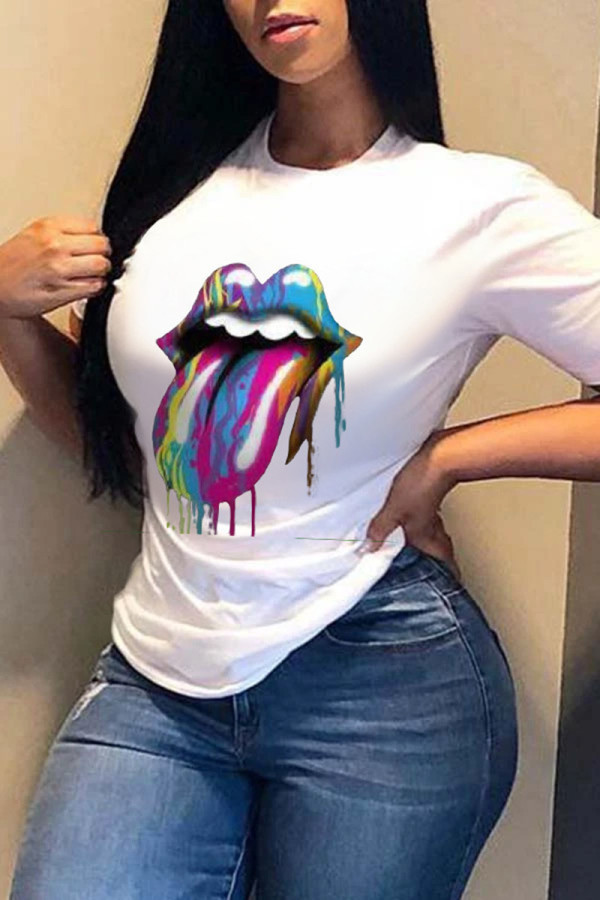 Colour Fashion Casual Print Basic O Neck T-Shirts