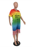 Gradient Color Fashion Casual Gradual Change Letter Print Tassel V Neck Loose Romper