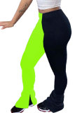 Fluorescent green Blue Fluorescent green Wine Red Polyester Elastic Fly Sleeveless Mid Patchwork Solid Split Straight Pants Bottoms