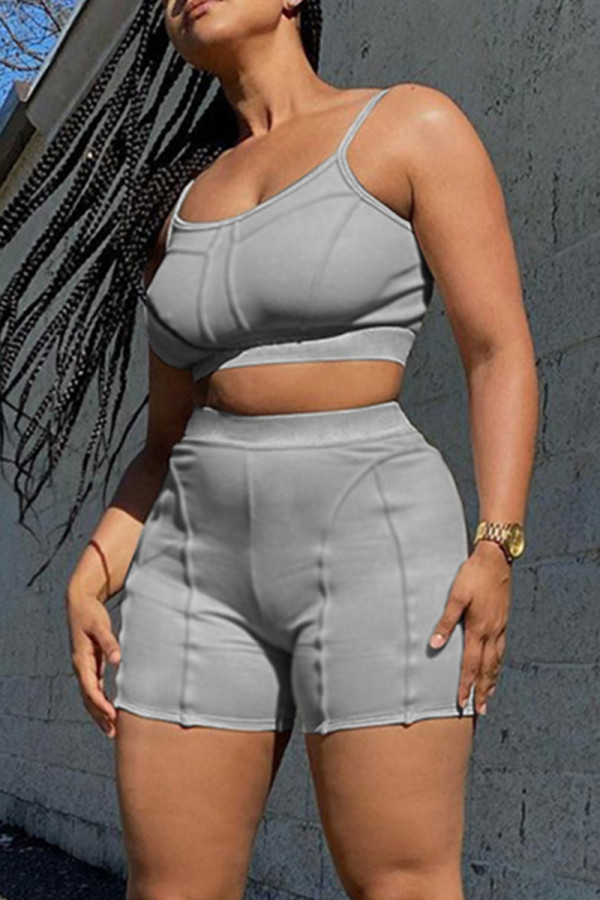 Grey Sexy Casual Solid Backless Spaghetti Strap Sleeveless Two Pieces