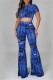 Deep Blue Fashion Casual Print Basic O Neck Short Sleeve Two Pieces