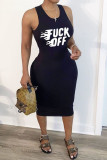 Black Sexy Casual Letter Print Basic O Neck Vest Dress