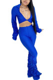 Blue Fashion Casual Adult Twilled Satin Solid Fold V Neck Long Sleeve Regular Sleeve Short Two Pieces