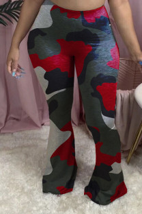 Red Polyester Elastic Fly High Print camouflage Boot Cut Pants Bottoms