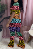 Multicolor Sexy Leopard Patchwork O Neck Short Sleeve Two Pieces