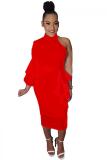 Red Sexy Fashion adult Cap Sleeve Long Sleeves Turtleneck Step Skirt Mid-Calf Solid Patchwork