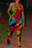 Tangerine Red Fashion Sexy Tie-dye Printed Sling Jumpsuit