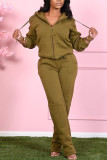 Army Green Fashion Casual Adult Polyester Solid Draw String Hooded Collar Long Sleeve Regular Sleeve Regular Two Pieces