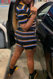Black Fashion Casual Striped Print Basic O Neck Short Sleeve Two Pieces