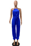 Blue Sexy Solid With Belt Halter Loose Jumpsuits