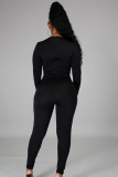 Black Sexy Solid Metal Accessories Decoration V Neck Skinny Jumpsuits