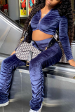 Blue Casual Solid Patchwork Zipper Collar Long Sleeve Two Pieces