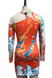 Red Sexy Print O Neck Pencil Skirt Dresses