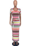 Rainbow Color Fashion Striped Print Patchwork Slit With Belt O Neck Dresses