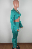 Green Polyester OL Solid Draped crop top Boot Cut Long Sleeve Two Pieces